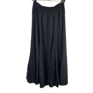 White Stag Rayon Maxi Skirt Flare Circle Elastic Waist Lace Panels Black Medium